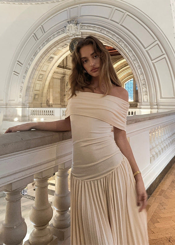 Off Shoulder Pleated Maxi Dress In Apricot