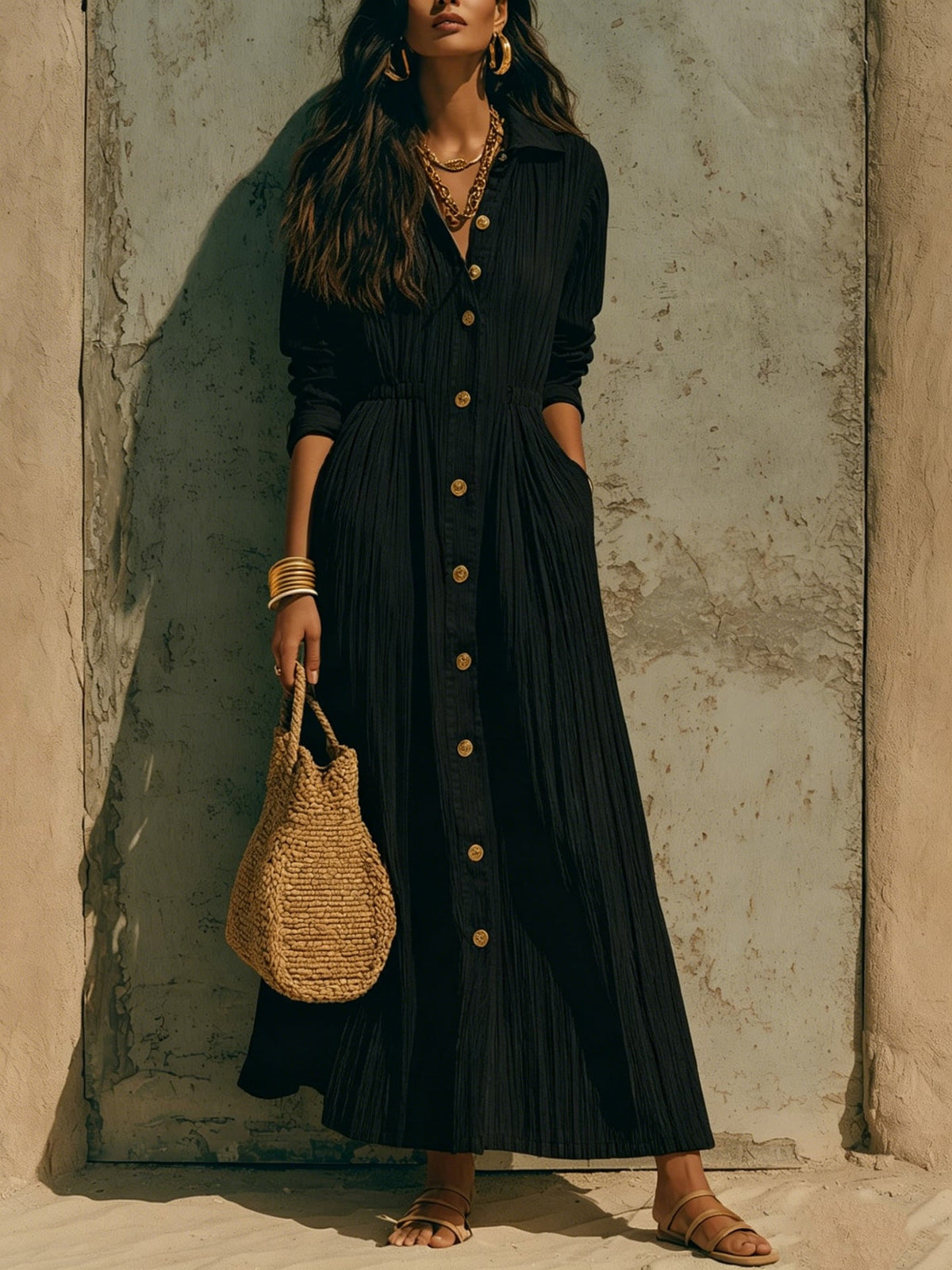 Oversized Crinkled Button Down Shirt Maxi Dress