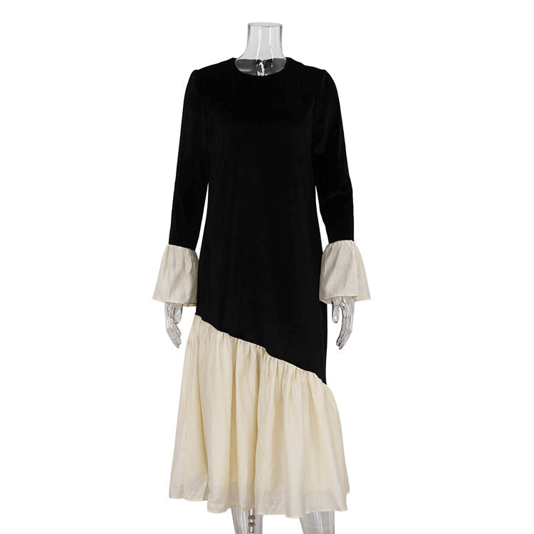 French Style Color-Blocked Long Sleeve Dress