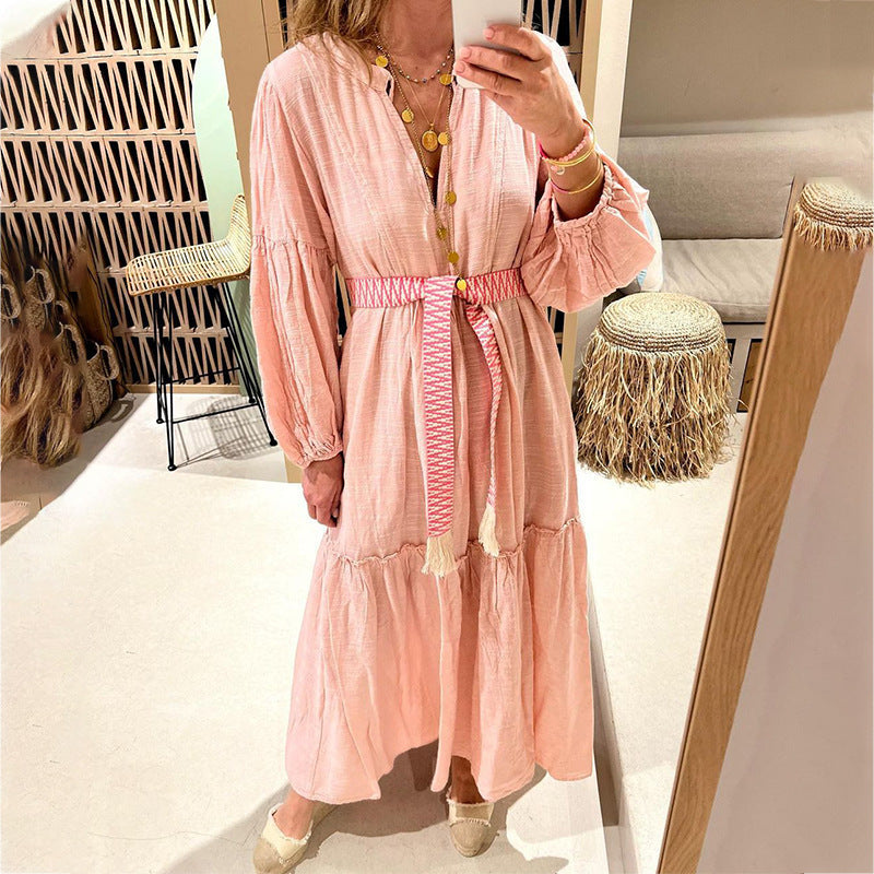 Spring New Cross Border Women'S Fashion V-Neck Bubble Sleeve Bohemian Cotton Hemp Dress