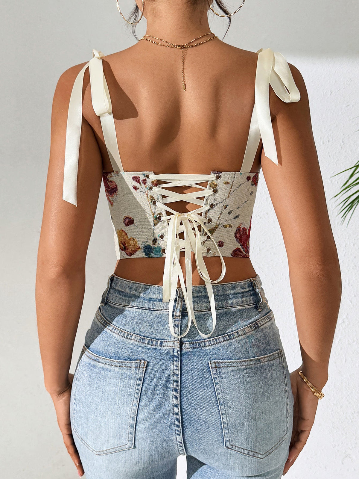 Sexy Floral Print Corset Crop Top With Adjustable Straps