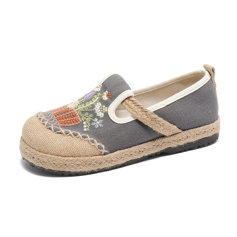 New Ethnic Style Embroidered Cloth Shoes Shallow Mouth One Pedal Low Top Old Beijing Cloth Shoes Woven Round Head Cloth Shoes Women