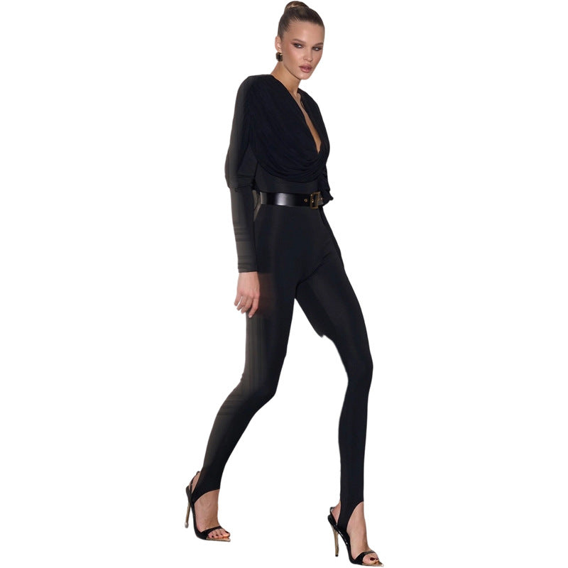 Sexy Deep V-Neck Slim Fit Solid Color Long Pants Jumpsuit