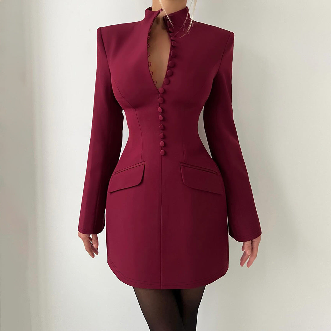 Elegant Fitted Long Sleeve Dress With High Neck