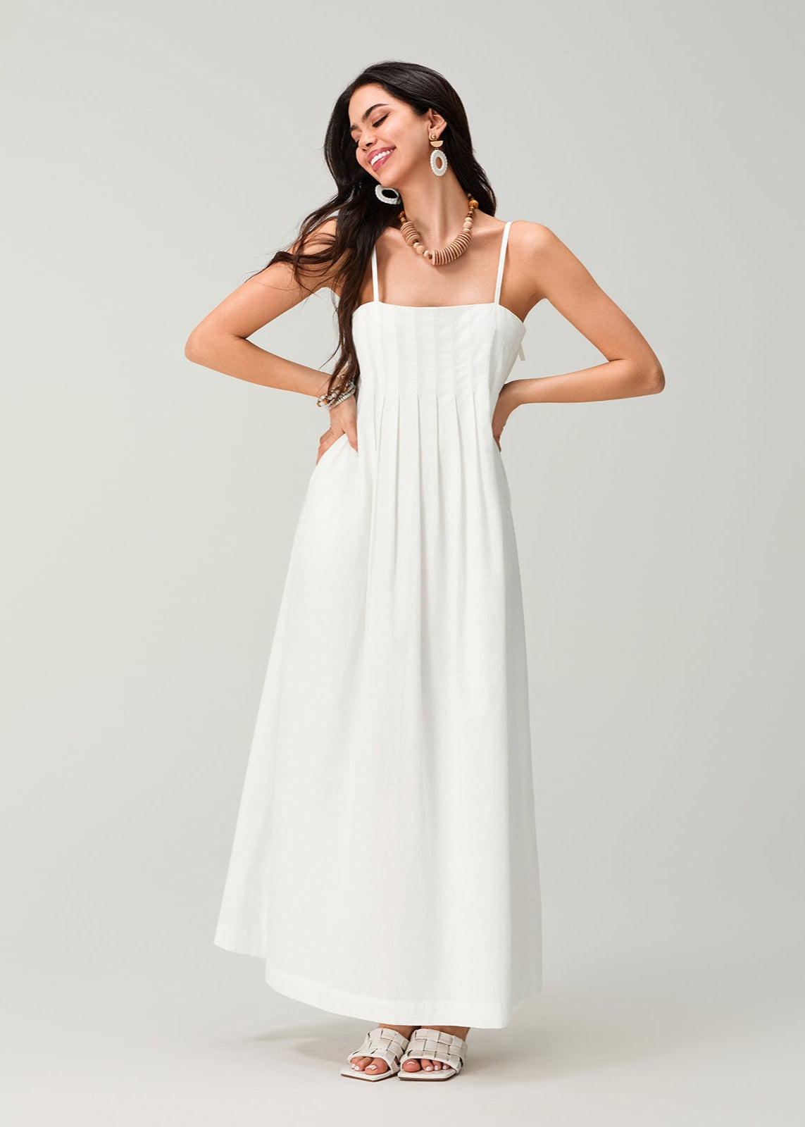 White Linen Cotton Pleated Maxi Sundress