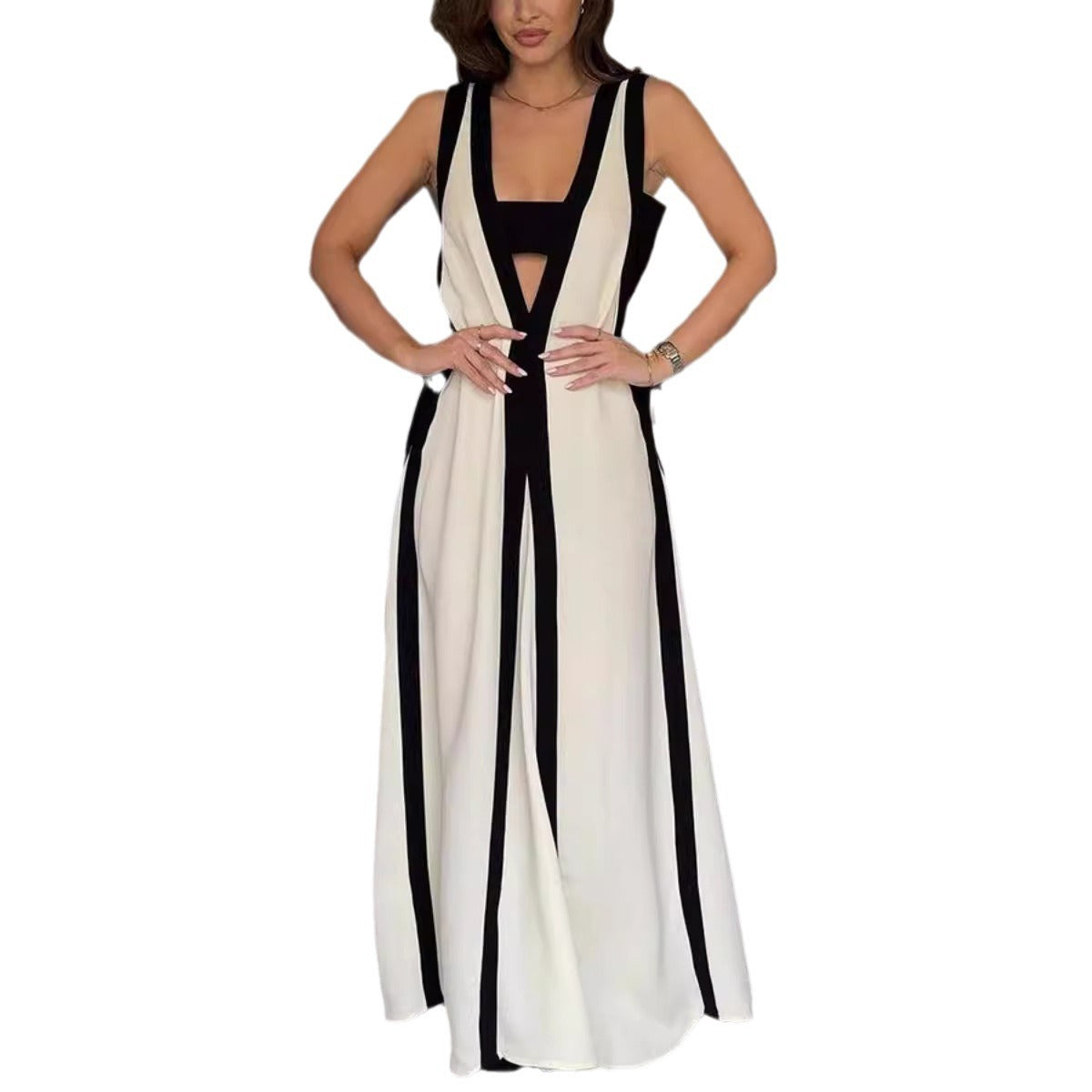 Casual Color Block Sleeveless Dress Polyester Elegant Style