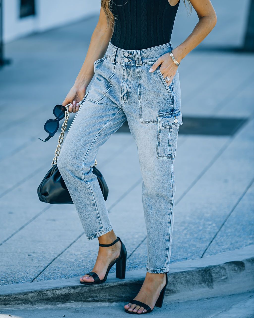 Trendy High-Waisted Light Blue Cargo Jeans