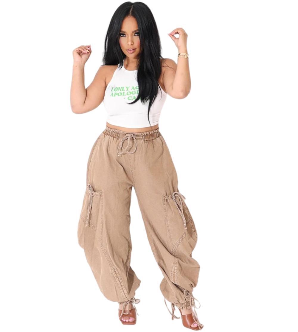 Loose-Fit Denim Harem Pants For Women With Drawstring Waist