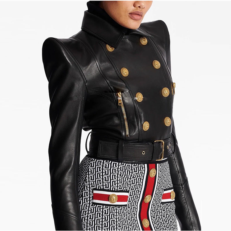 Double-Breasted Short PU Leather Biker Jacket