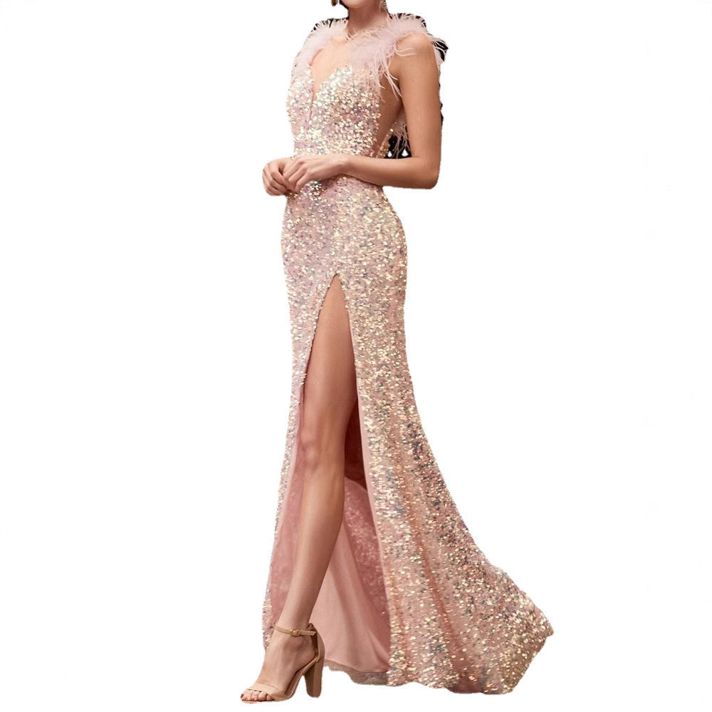 Sequin Feather Long Dress Elegant Commuter Dress