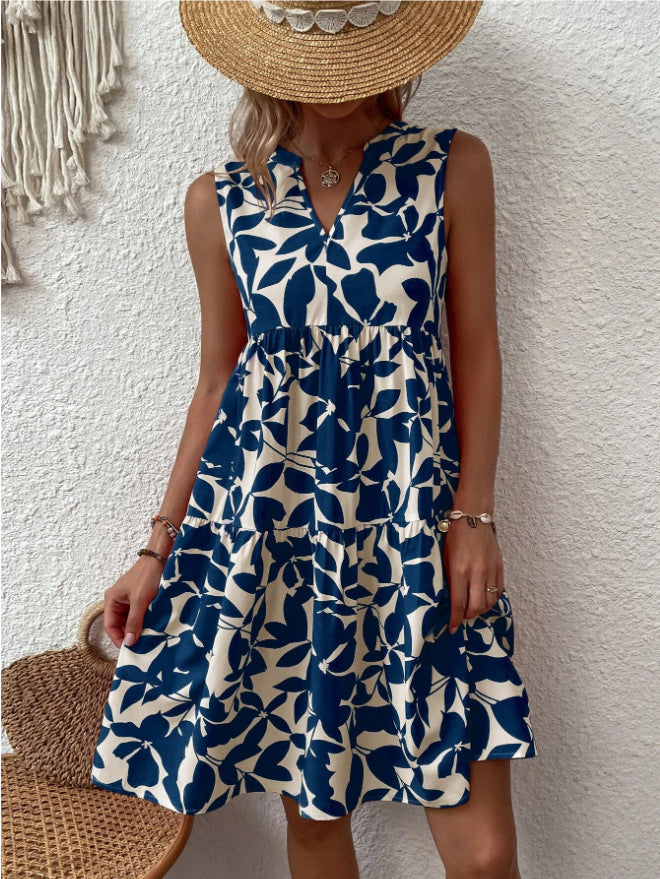 Women'S Bohemian Fashion Loose Vneck Pleated Print Dress For Women