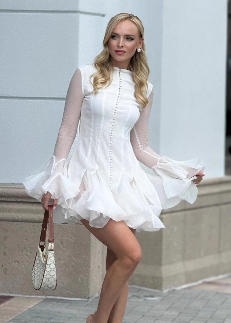 Sheer Sleeve Ruffle Mini Dress In Lightweight Fabric
