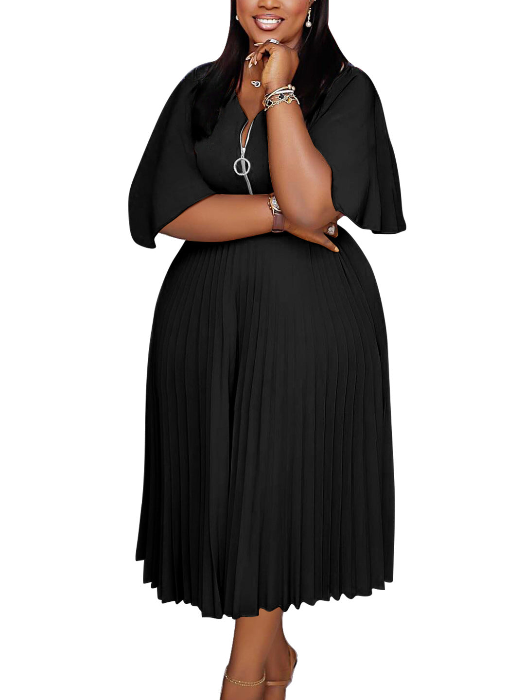 Plus Size V Neck Ruffled Sleeve Dress Elegant Polyester Midi Dress