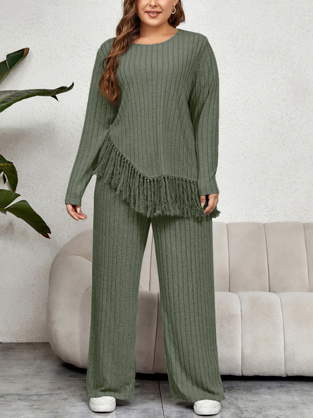 Casual Loose Long Sleeve Tassel Top And Wide Leg Pants Set
