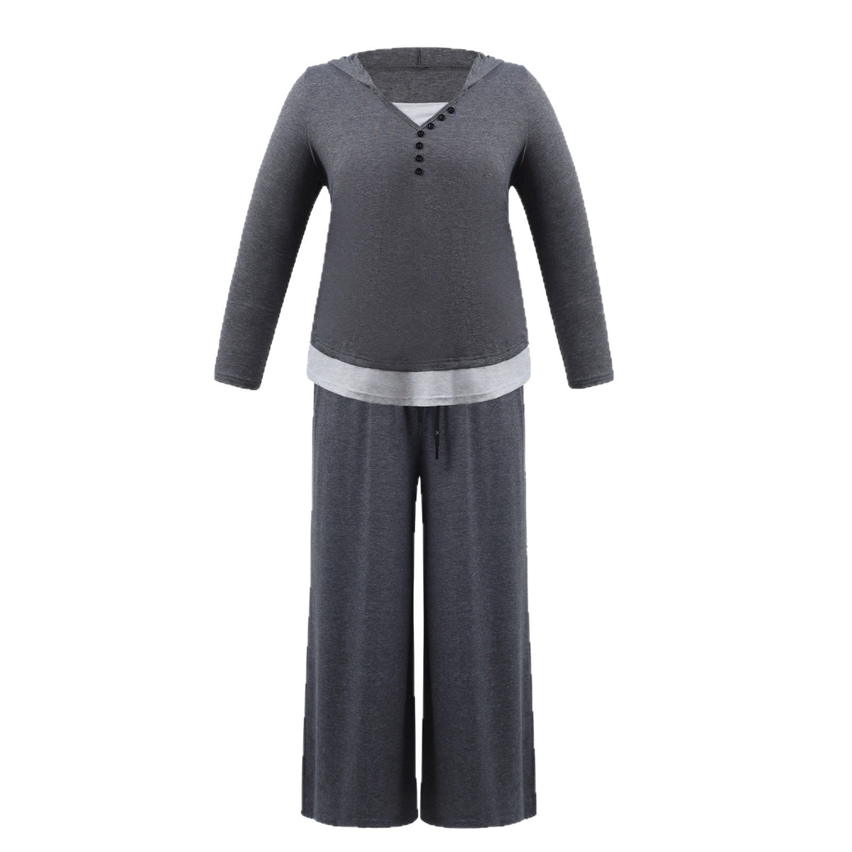 Casual Hoodie Button Top And Wide Leg Pants Set