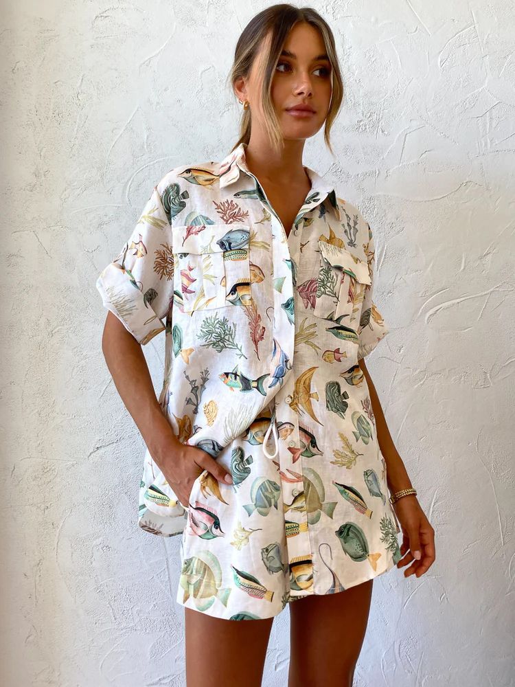 Fish Print Casual Short Sleeve Set for Vacation
