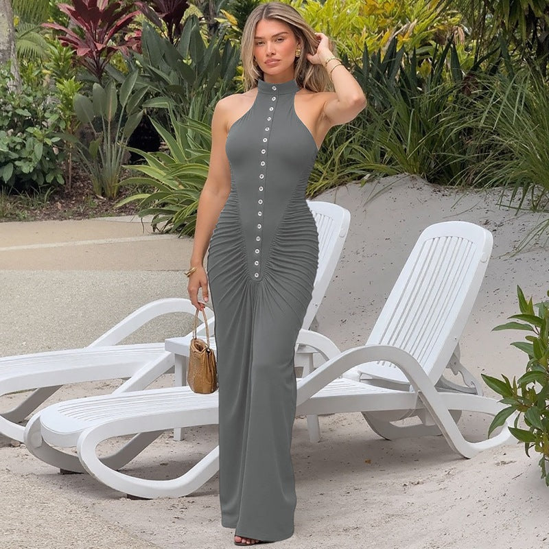 Stylish Sleeveless A-Line Dress With Buttons