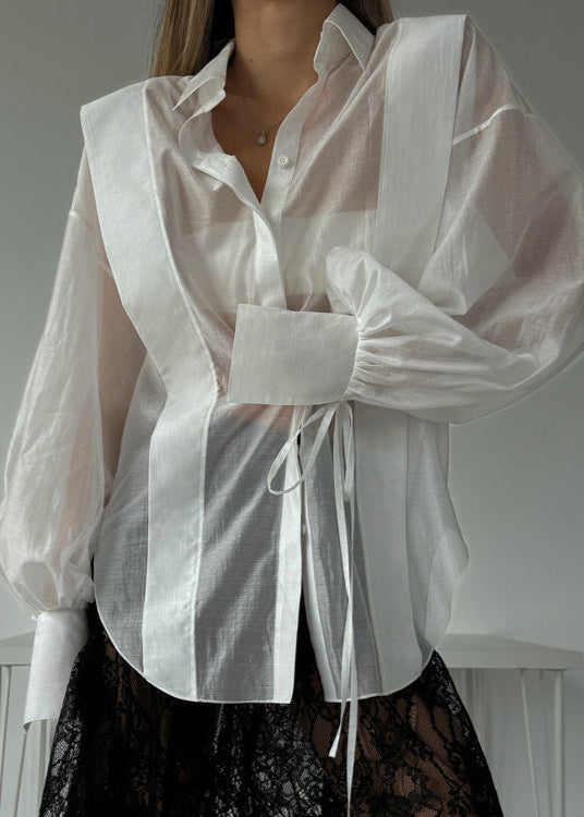 Oversized Cotton Blend Shirt with Ribbon Tie Sleeves