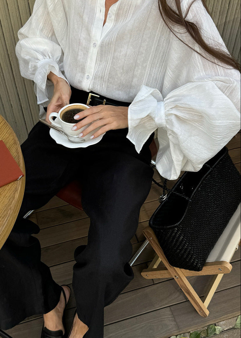White Cotton Linen Shirt With Balloon Sleeves