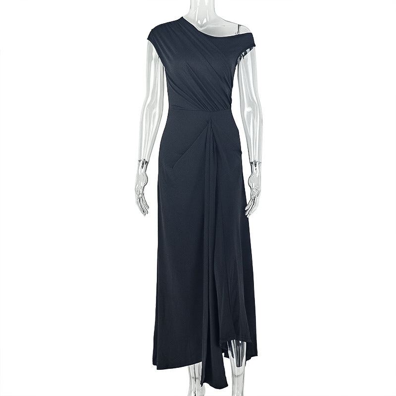 Solid Color Bodycon One-Shoulder A-Line Maxi Dress