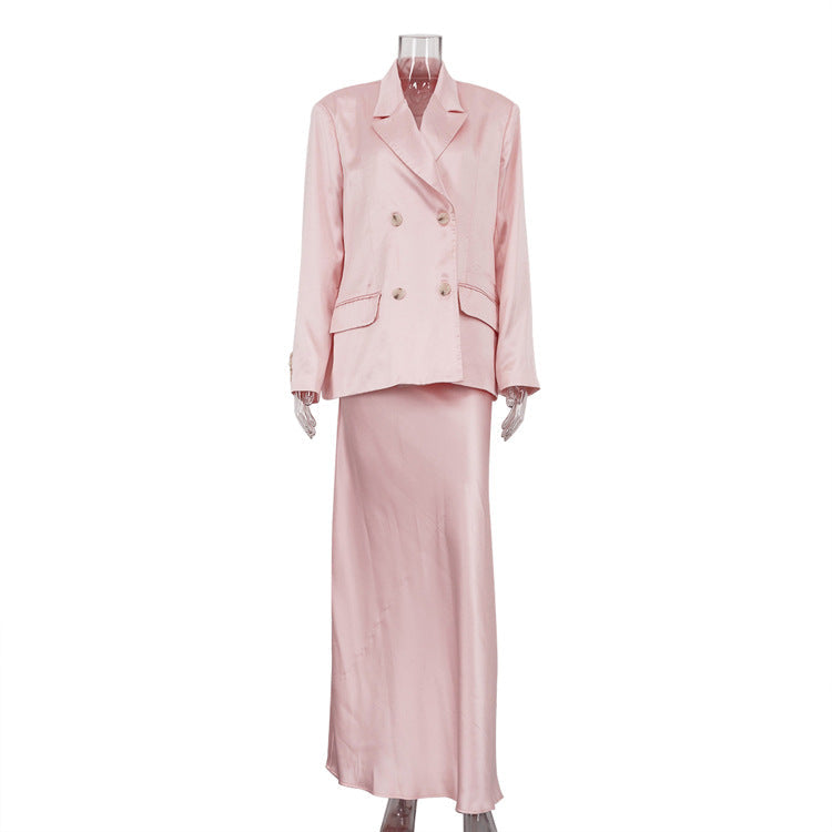 Chic Pink Satin Skirt Suit Set With Long Sleeve Blazer