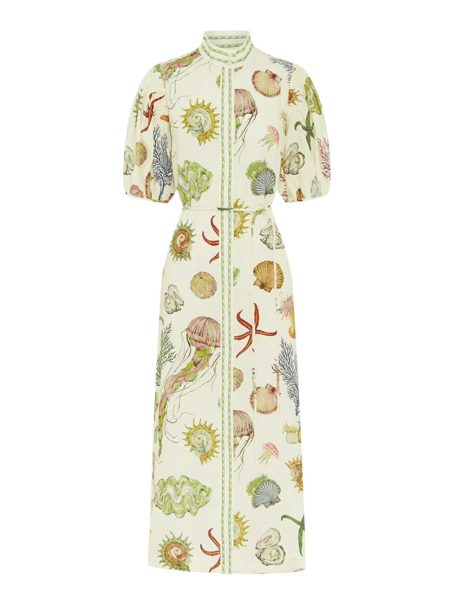 Casual Elegant Animal Pattern Linen Dress with Stand Collar
