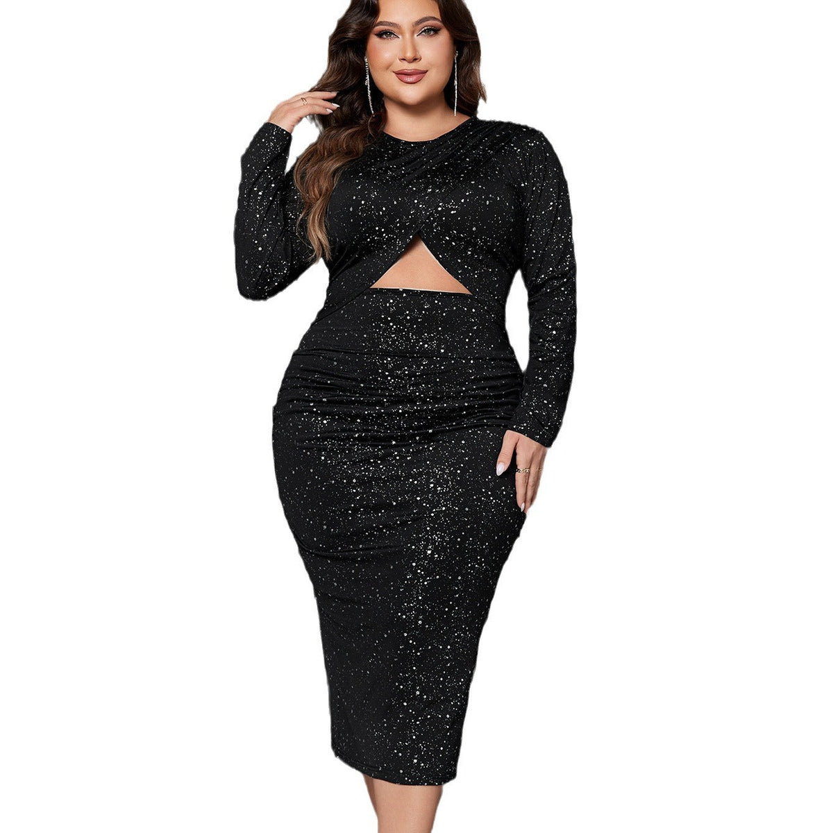 Curvy Bodycon Dress With Long Sleeves And Slit