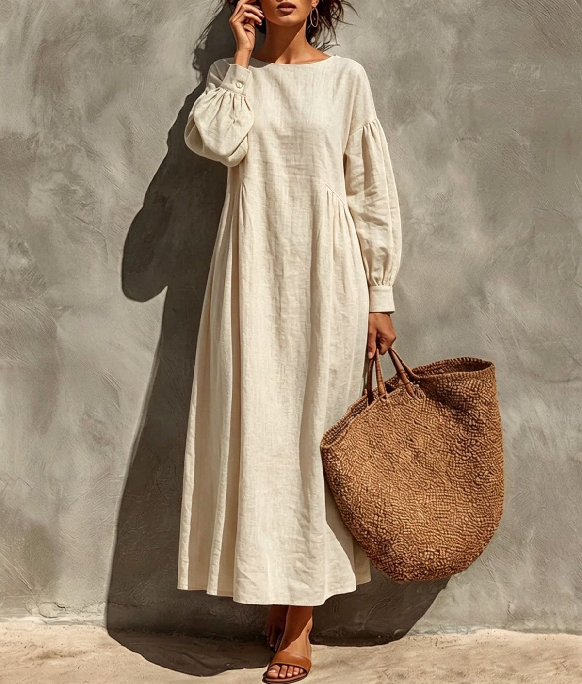 Linen Round Neck Balloon Sleeve Side Gather Midi Tent Dress