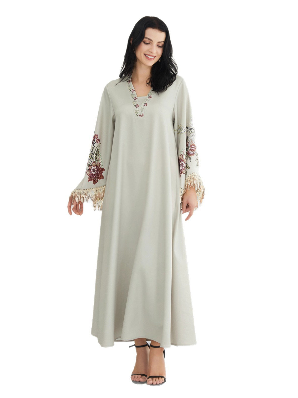 V-Neck Printed Fringed Abaya Dress for Women