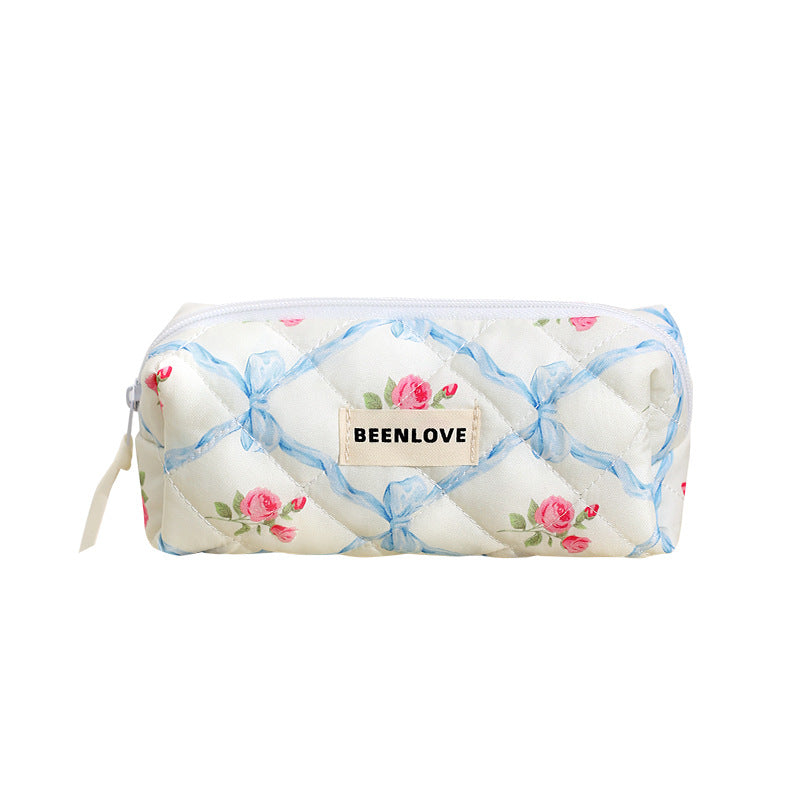 Cute Heart Print Cotton Quilted Cosmetic Bag