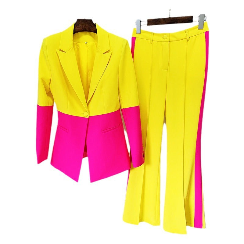 Color Block Blazer & Flared Pants Set