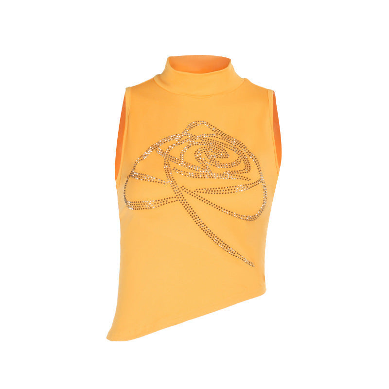 Trendy Sleeveless High Neck Top With Floral Rhinestone Design