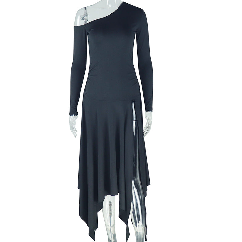 Trendy Solid Color Asymmetrical Dress With One-Shoulder Design