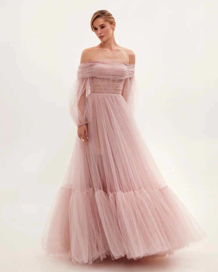 Elegant Off-The-Shoulder Mesh Long Sleeve Wedding Dress