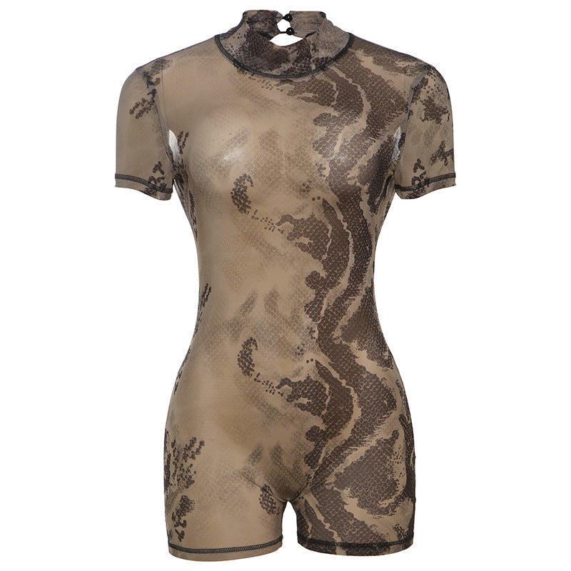 Sexy Backless High Neck Printed Bodysuit Shorts For Women