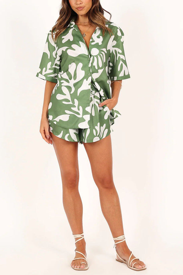 Women'S Clothing New Lapel Printed Short Top+Shorts Set