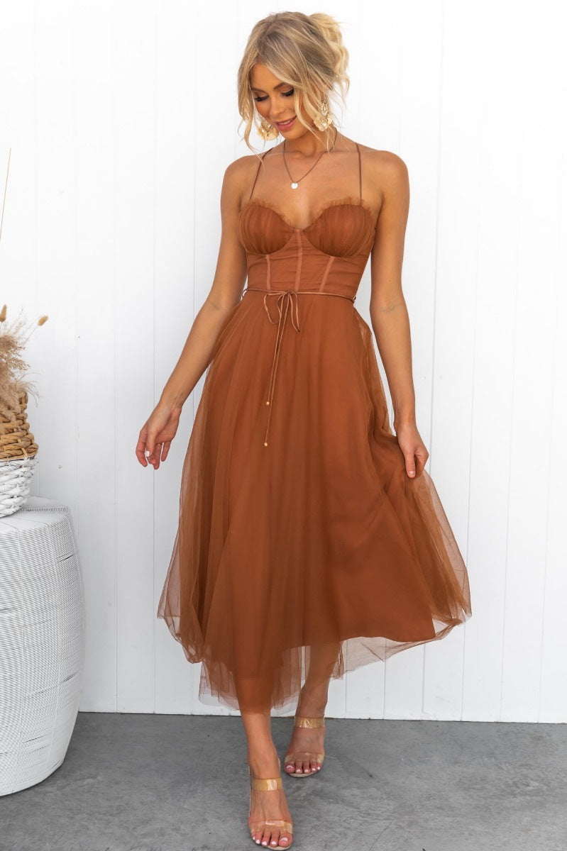 Sleeveless Mesh Midi Dress Elegant Party Wear