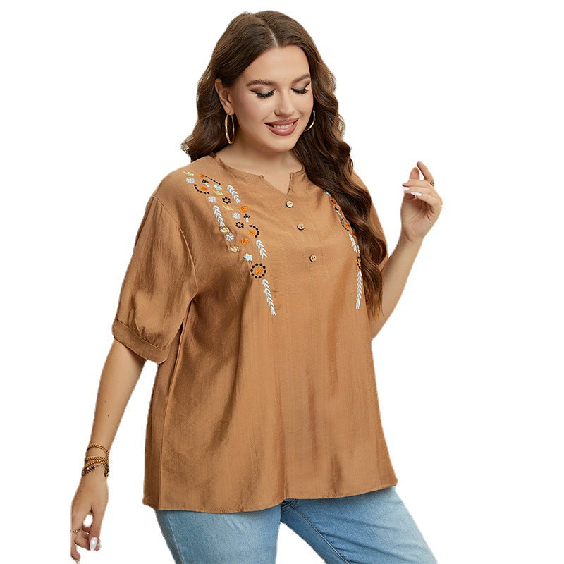 Casual V-Neck Embroidered Top in Almond Color