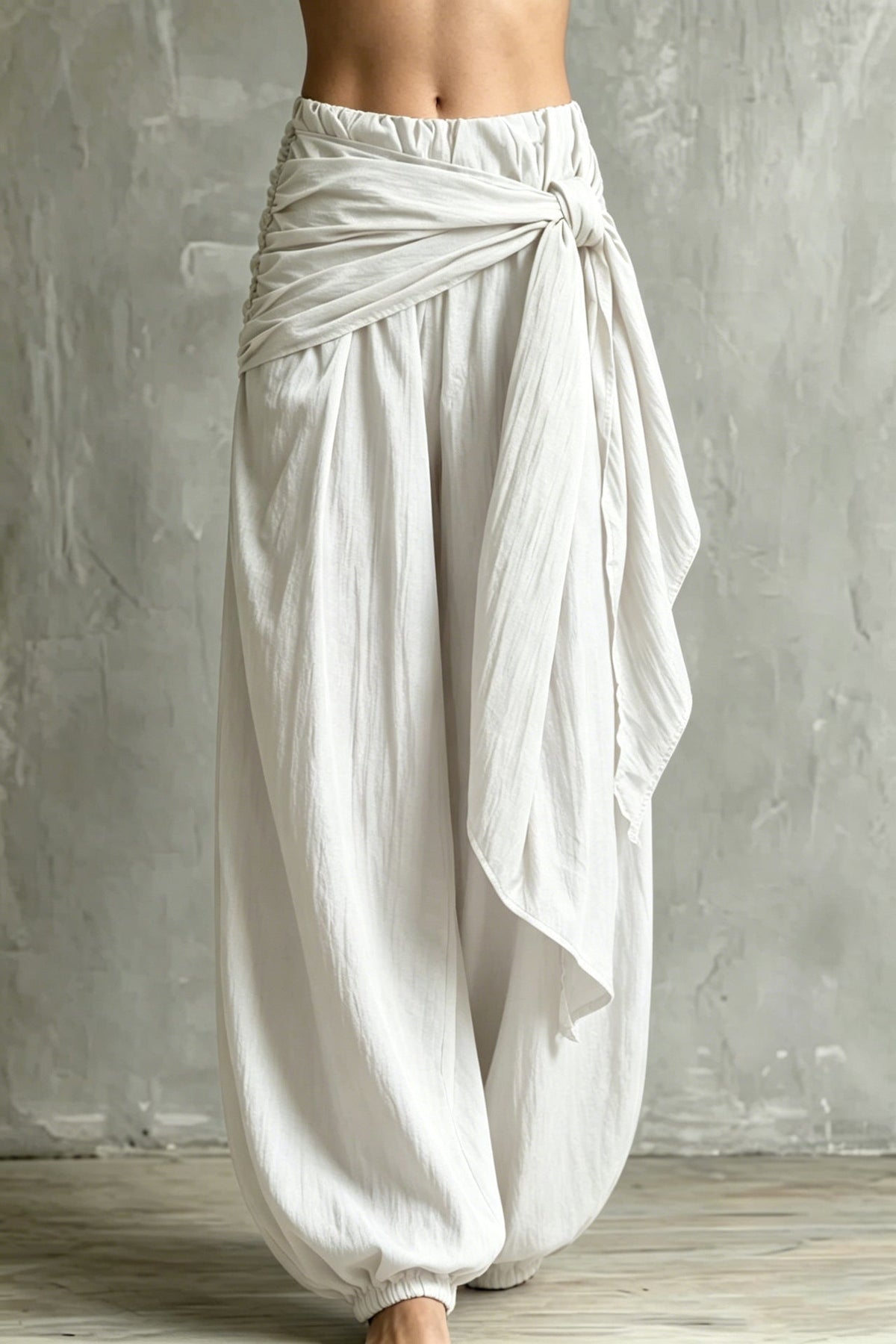 Vintage Wrap Tie Harem Pants, Loose Crinkle Cotton Linen Jogger Trousers