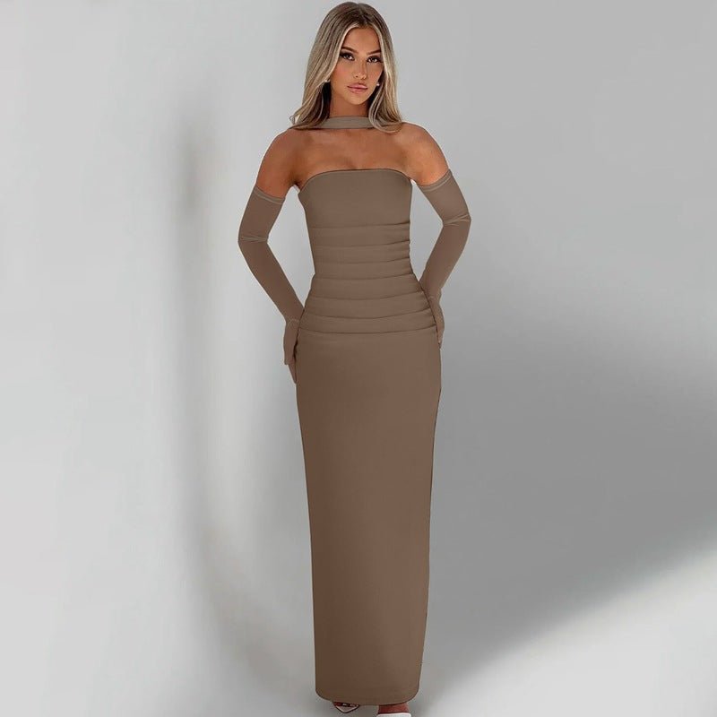 Elegant Strapless Gown with Sheer Sleeves