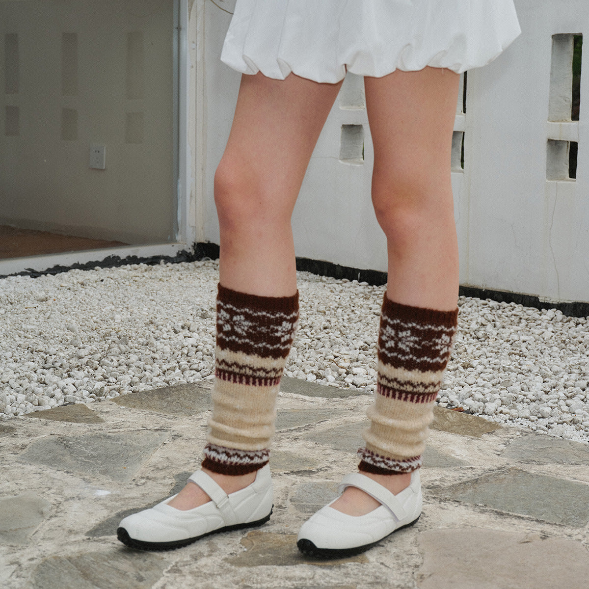 Fair Isle Patterned Wool Blend Knitted Leg Warmers For Women