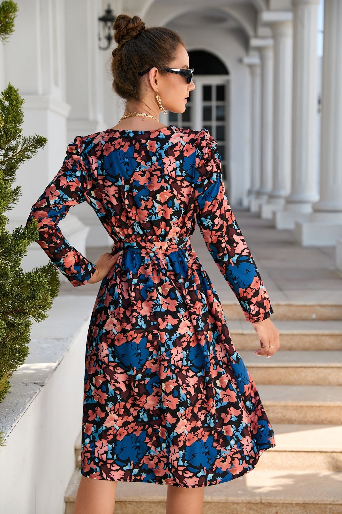 Printed Nipped-In Waist V-Neck Split Long Sleeve Dress