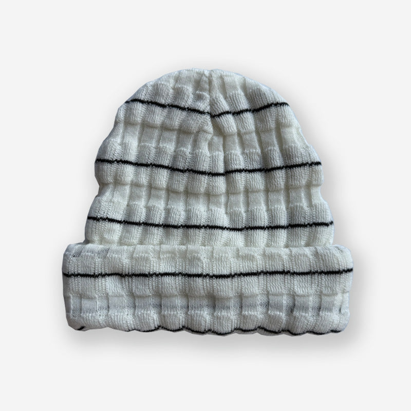 Striped Knit Beanie Hat Soft Wool Blend Casual Winter Hat