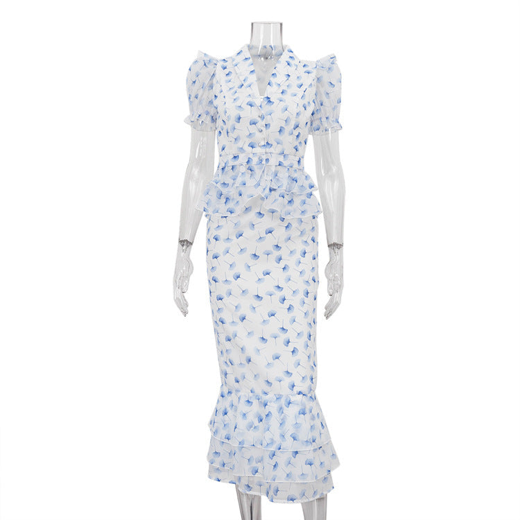French Digital Print V-Neck Puff Sleeve Elegant Top and Skirt Set