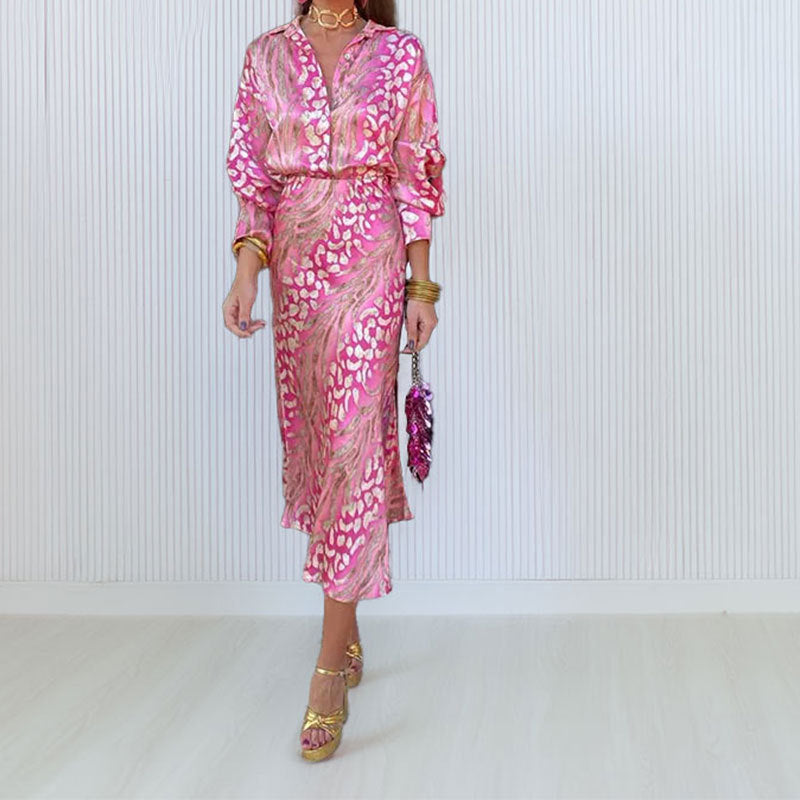 Elegant Floral V-Neck Long Sleeve Dress Set