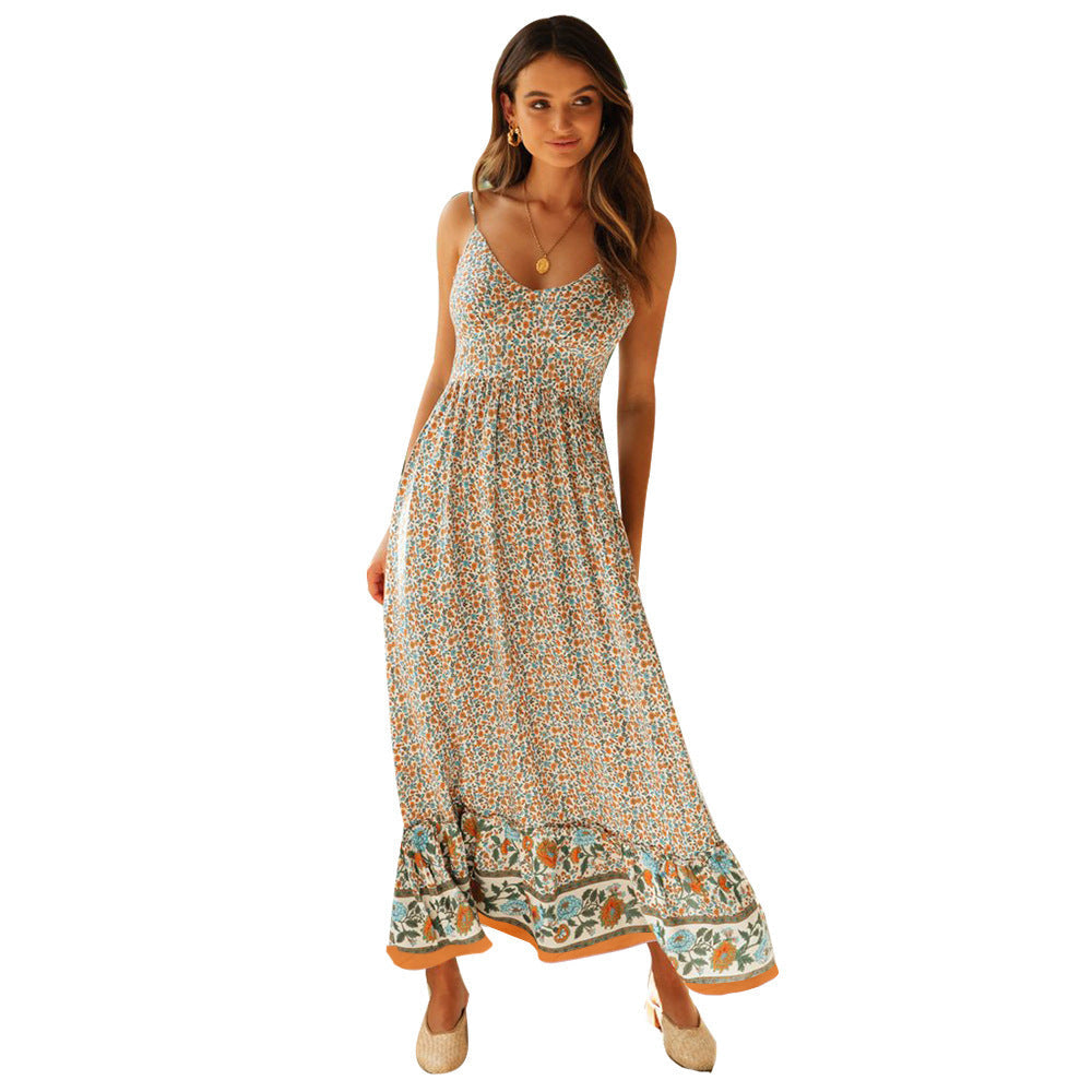 Summer New Swing Skirt Women'S Bohemian V-Neck Suspenders Floral Dress
