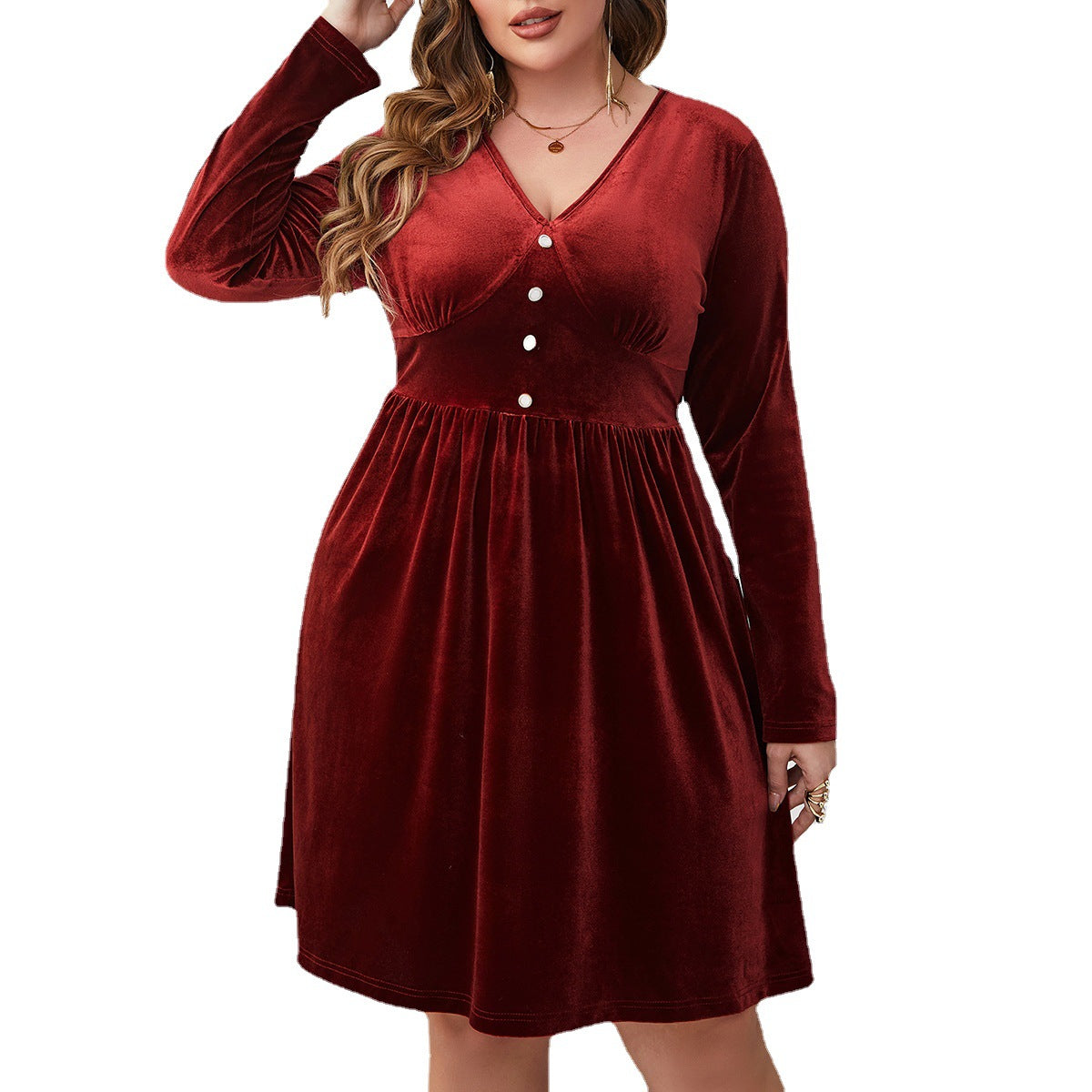 Deep Red V-Neck High-Waist Long Sleeve Midi Dress