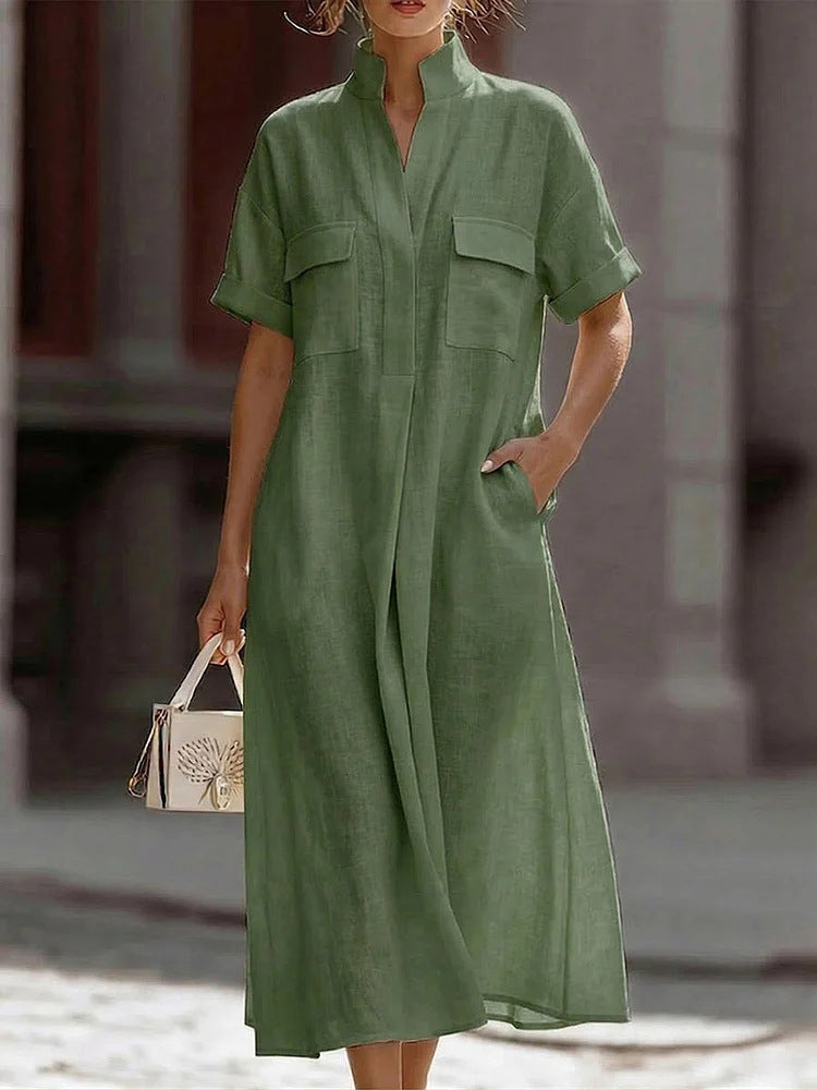 Linen Stand Collar Midi Shirt Dress