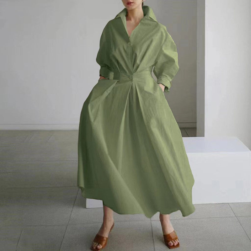Cotton And Linen Net Color Lapel /Polo Collar Shirt Sleeve Elastic Waist Big Swing Dress