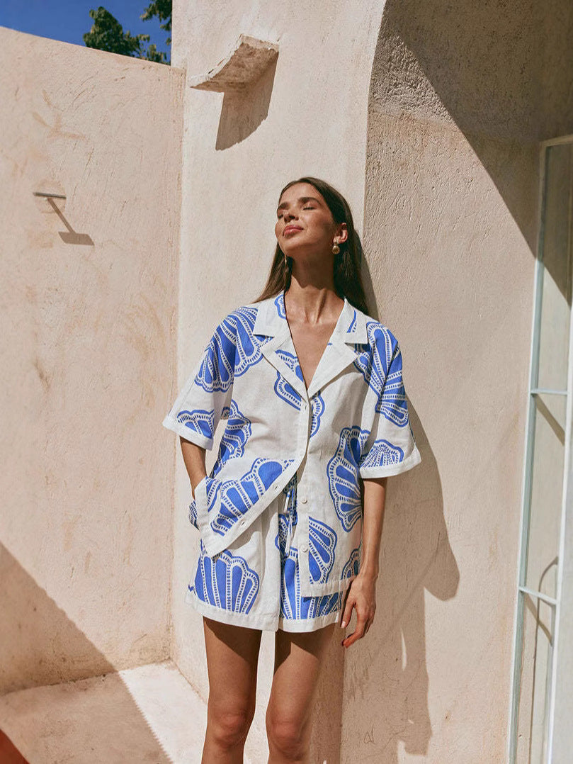 Elegant Floral Linen Short Set with 3/4 Sleeve